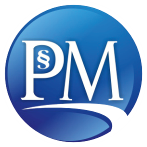 Piotr Makarewicz Logo Kancelarii litery PM na niebieskim tle w okręgu.